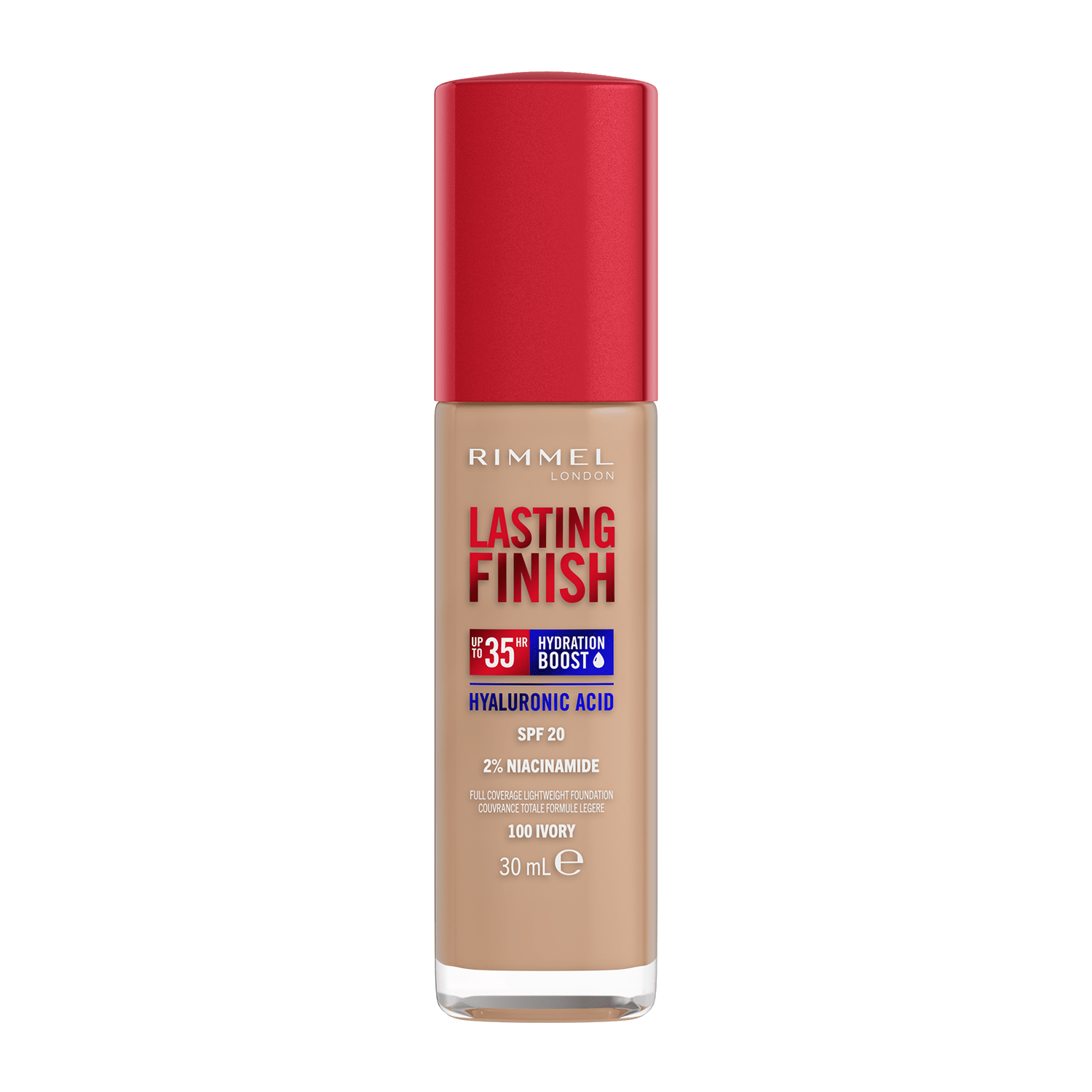 Тональна основа Lasting Finish Full Coverage Lightweight Foundation Rimmel London (100) Ivory, 30 мл